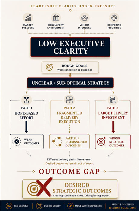 Infographic: How low executive clarity creates unclear strategy and delivery gaps — leading to missed strategic outcomes. Concept by Sumiit Mathur, BillionX Consulting.